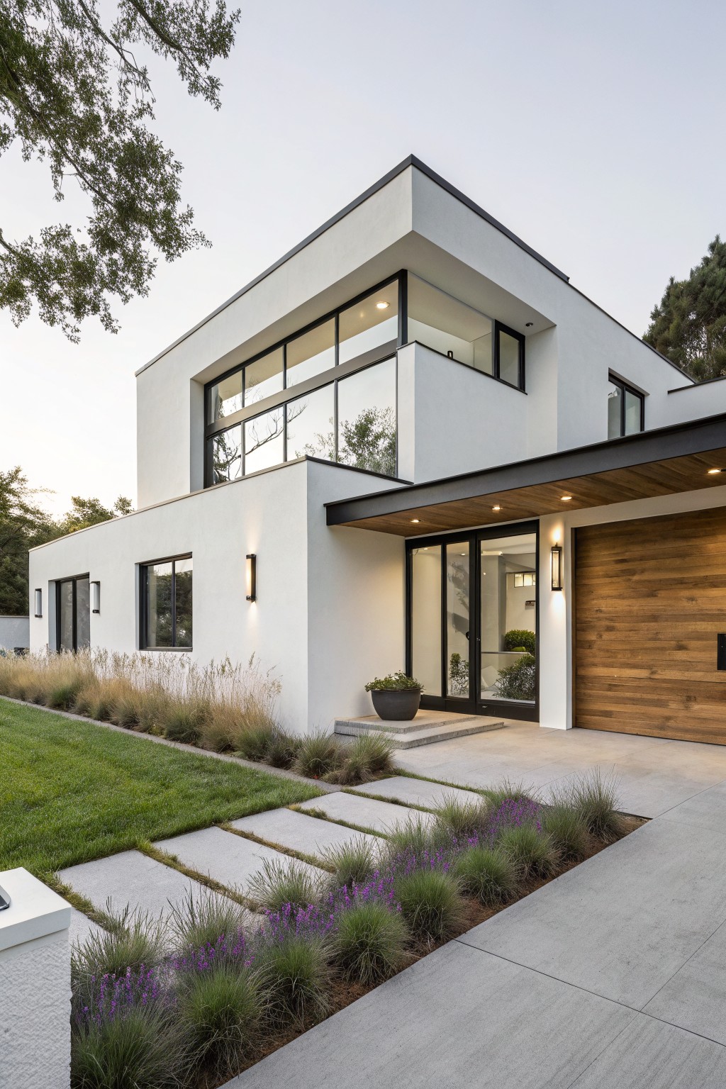 Modern two-story white stucco house exterior with large black-framed windows, wood-clad entry door and garage, concrete pathway with steps, and front landscaping including grasses and lavender plants.