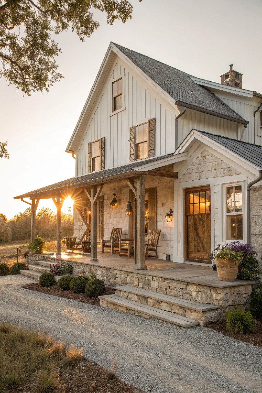 Two-story white board-and-batten house with gabled gray metal roof, wraparound wooden porch, stone foundation and steps, potted plants, chairs, gravel driveway, and surrounding grass and shrubs at sunset.
