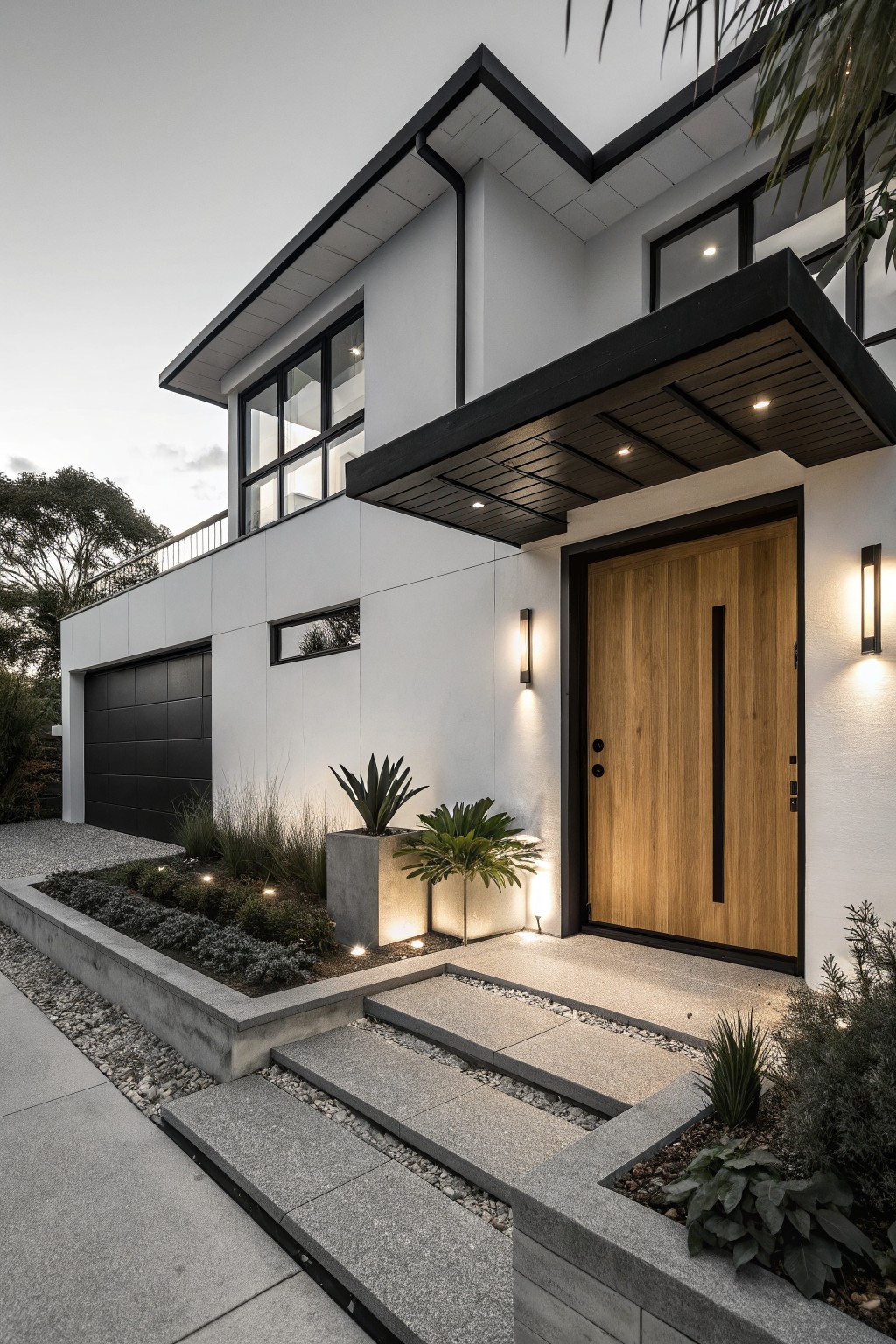 Modern two-story white house exterior featuring black-trimmed windows and garage, a tall vertical wooden front door with black frame, concrete entry steps, low planting beds with grasses and succulents, and dusk lighting.