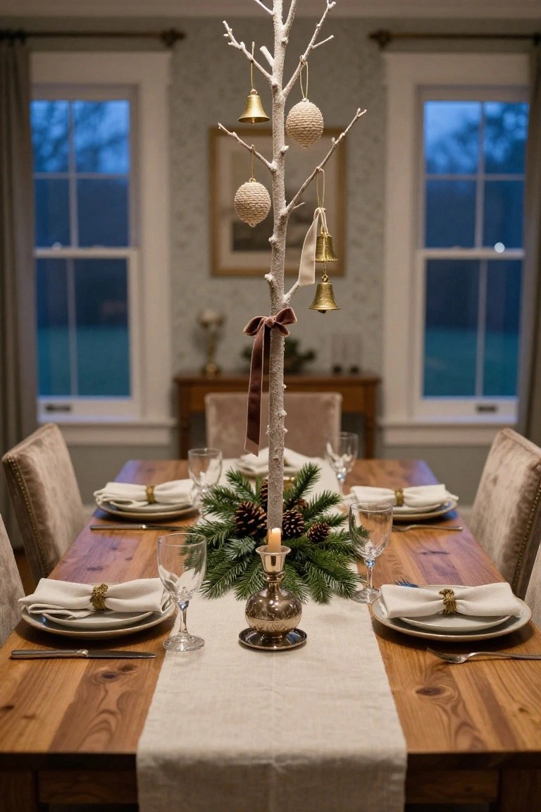 Dining room table set for Christmas dinner on a wooden surface with beige linen runner, white napkins tied with gold rings, wine glasses, plates, pine branches, a brass candleholder with pinecones, and a tall white branch tree hung with gold bells, woven eggs, and maroon ribbons, flanked by upholstered chairs and large windows showing a dim evening outside.