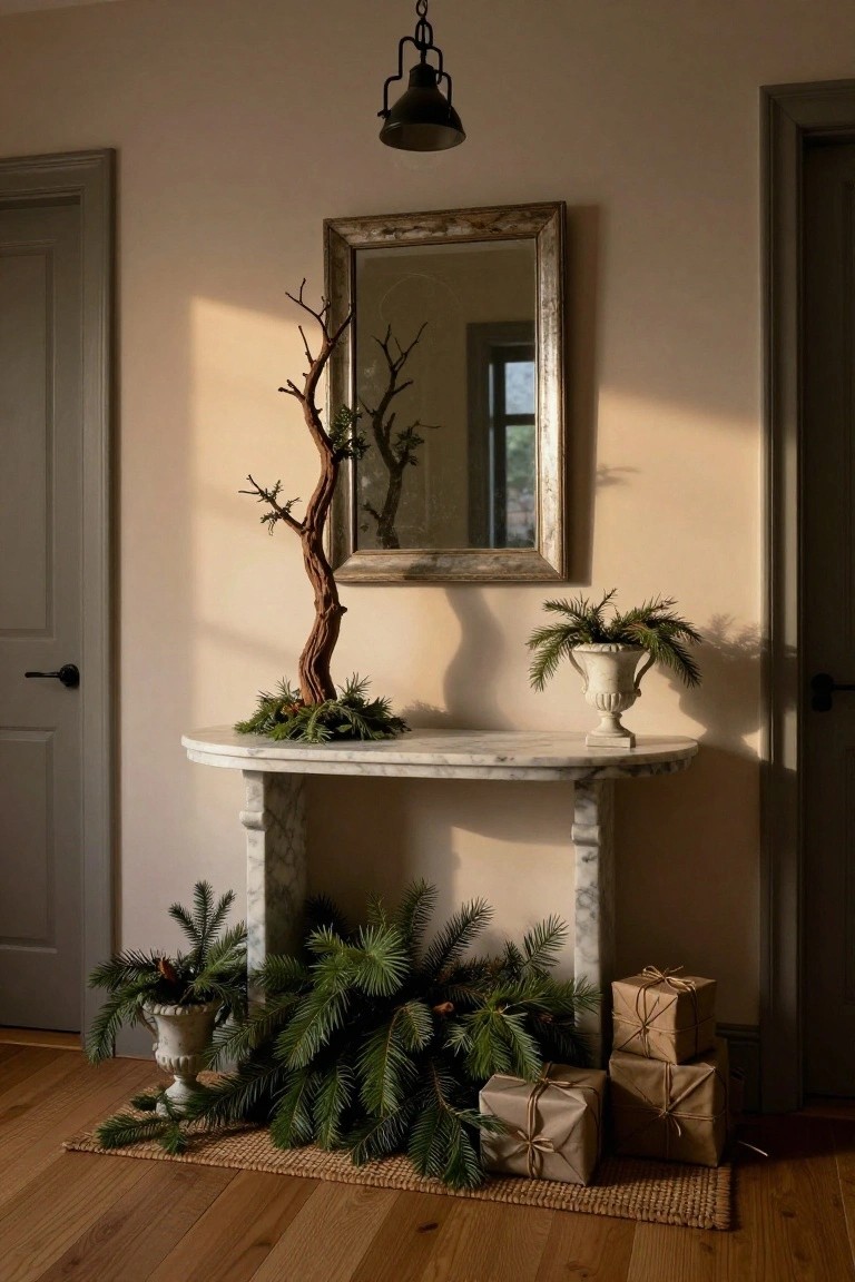 Hallway console table with tall twisted bare branch topped with greenery, flanked by potted pine plants and stacked wrapped gifts on seagrass rug, antique mirror above, soft lighting.