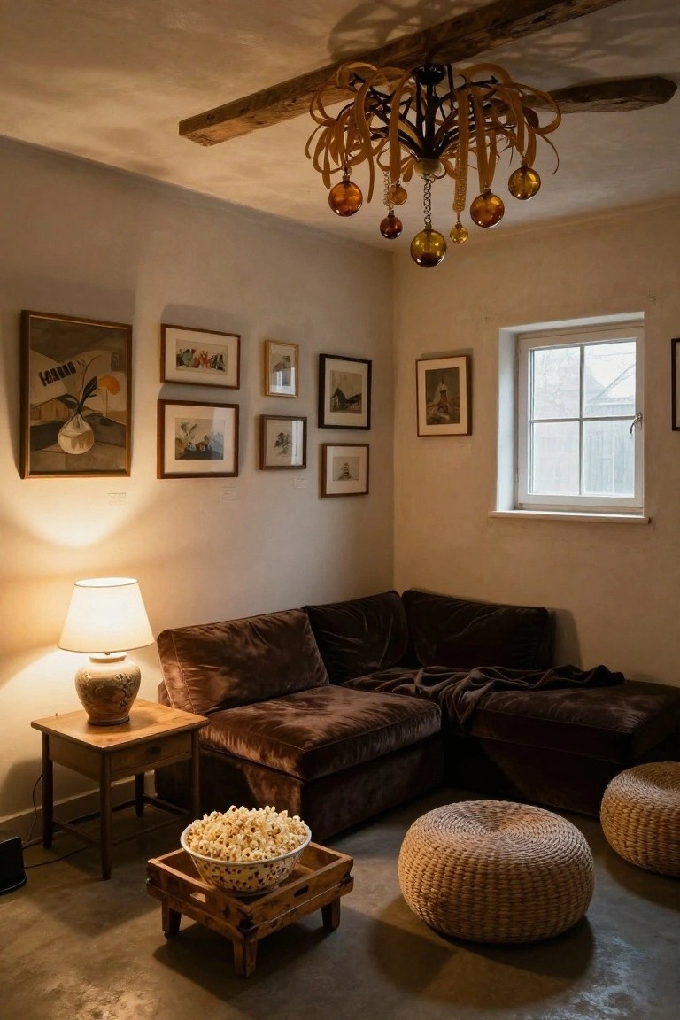 A small interior room with a brown velvet L-shaped sofa, two rattan poufs, a large white bowl of popcorn on a wooden tray, a side table with lamp and vase, multiple framed artworks on walls, a branch-like chandelier with amber glass beads, and a window.