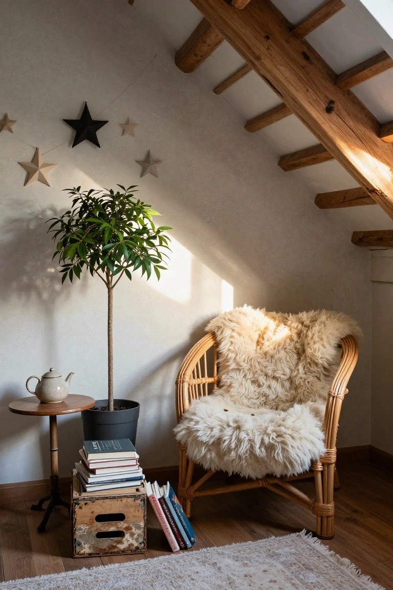 Cozy attic room corner with rattan armchair covered in white sheepskin, tall potted green plant, side table holding teapot, wooden crate stacked with books, and paper stars hanging from wooden beams above hardwood floor.