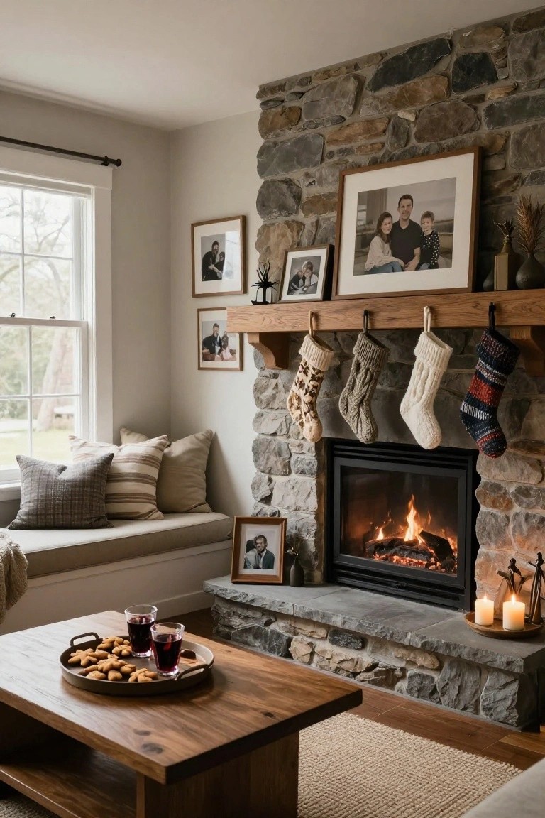 Living room with stone fireplace and wooden mantel displaying family photos, potted plants, and colorful knitted Christmas stockings hanging above a lit fire, built-in bench by window, and wood coffee table with cookies and wine glasses.