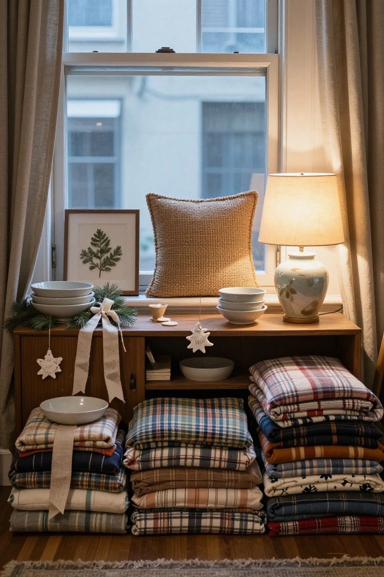 Wooden window bench under a large window stacked high with folded plaid and neutral blankets, topped with white bowls, holiday greenery, ribbons, and wooden stars, next to a lamp, vase, and pillow.