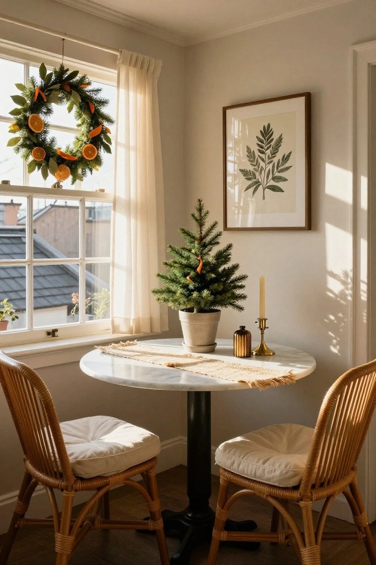 A small potted Christmas tree on a round white marble table in a light-filled room corner with a window, orange wreath hanging above, sheer curtains, botanical wall art, gold candlestick, and two rattan chairs with white cushions.