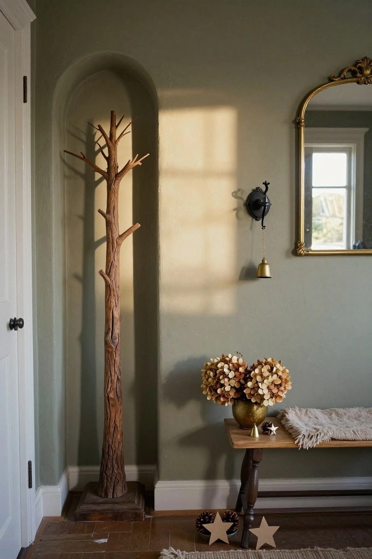Sage green entryway interior with tall driftwood branch coat rack, wooden bench holding brass vase of dried hydrangeas and holiday stars and pinecones, gold arched mirror, wall sconce with bell, and arched niche.