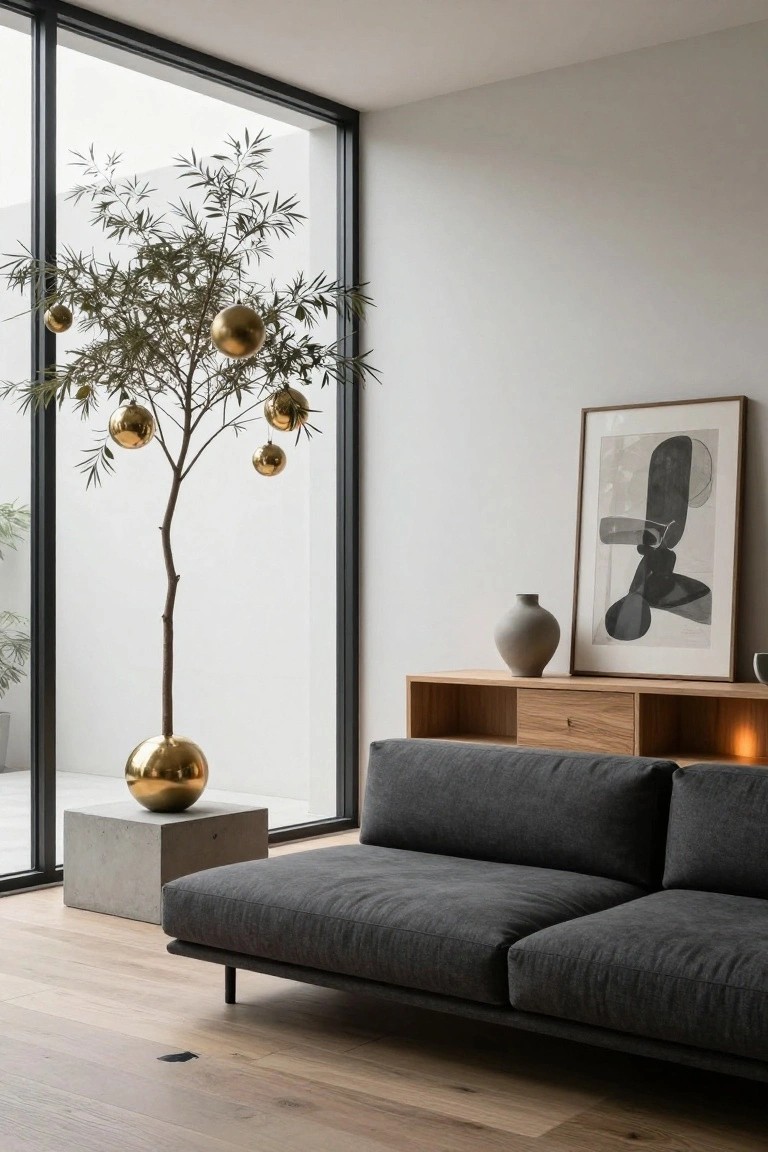Modern living room with floor-to-ceiling windows, a potted olive tree decorated with gold baubles on a concrete base, gray low-profile sofa, oak sideboard holding a gray vase and candle, and a large abstract black-and-white framed print.