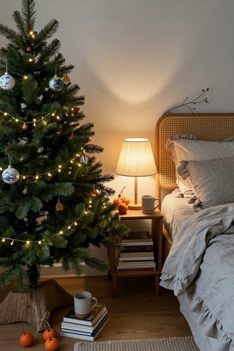 A small Christmas tree decorated with lights and ornaments stands in the corner of a bedroom next to a bed with gray linens and rattan headboard, a nightstand with lamp, mug, books, and oranges on the wood floor.