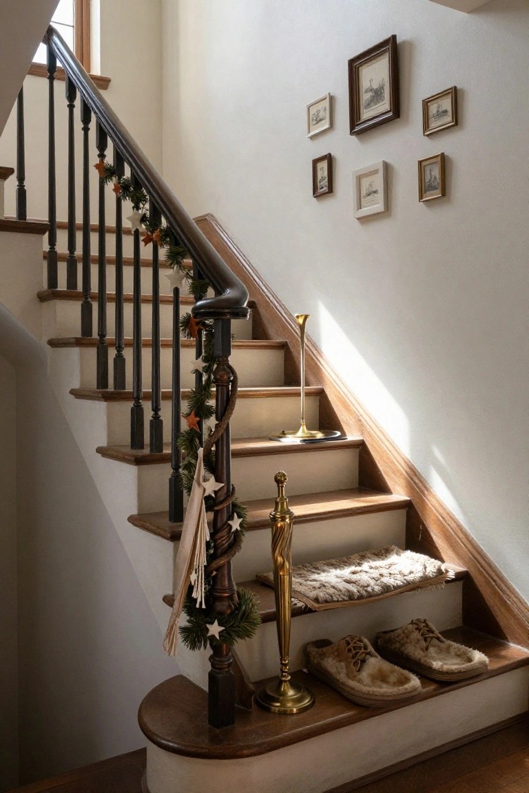 Wooden staircase with black metal railing wrapped in evergreen Christmas garland and fabric ribbons, gold trumpet-shaped candlestick on a step next to suede shoes, small framed ship etchings on white wall.