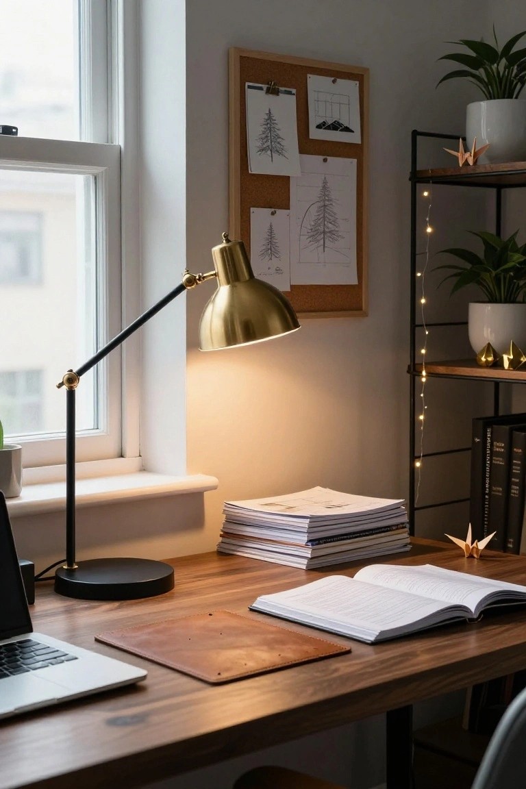 Wooden desk with MacBook laptop, open notebook, stack of papers, lit brass adjustable lamp, corkboard with tree and mountain drawings, plants, fairy lights, and shelves in a light-filled room.