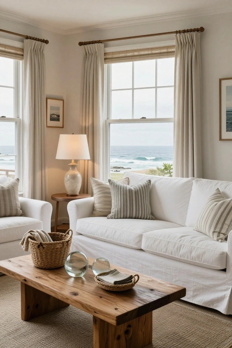 Corner of a light-colored living room with white slipcovered sofa and two armchairs, wooden coffee table holding glass orbs and woven baskets, ceramic table lamp beside one armchair, linen curtains on large windows showing ocean view.