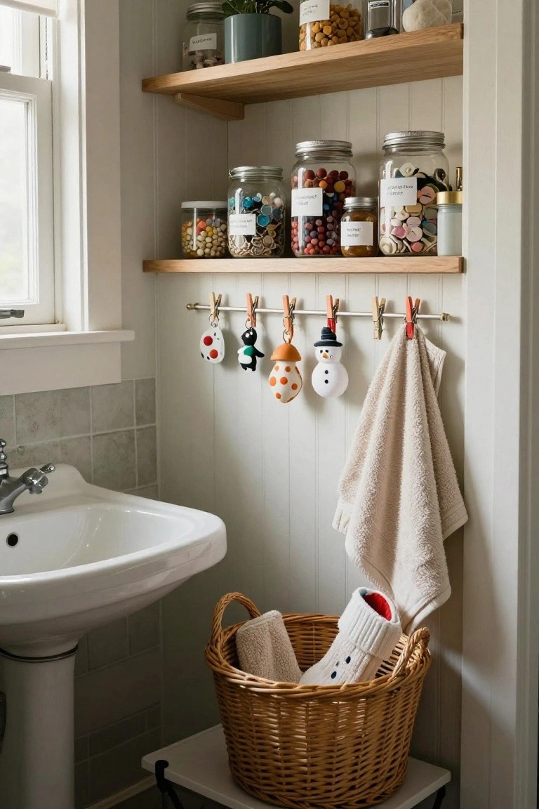 Bathroom sink area with wooden shelves stocked with labeled glass jars of beads, buttons, and candies, plush snowman ornaments hanging from colorful clothespins on a metal rod, a beige towel draped nearby, and a wicker basket holding towels and a knit snowman stocking on a white stool.