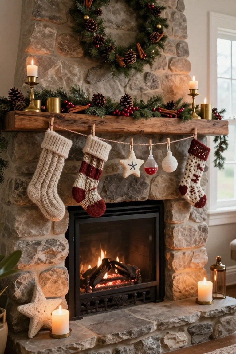 Stone fireplace with burning fire, wooden mantel holding garland and candles, four knitted stockings in cream and red hung from a horizontal twine line using wooden clothespins, with a gingerbread star cookie, red bulb, and white orb ornaments dangling between them.