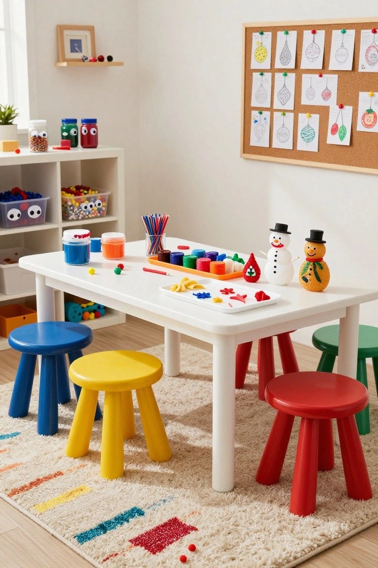 A children's craft table in a playroom with colorful blue, yellow, red, and green stools around it, craft supplies like paint jars, googly eyes, colored shapes, and snowman figures on the white tabletop, shelves with storage bins nearby, and a bulletin board displaying ornament drawings.