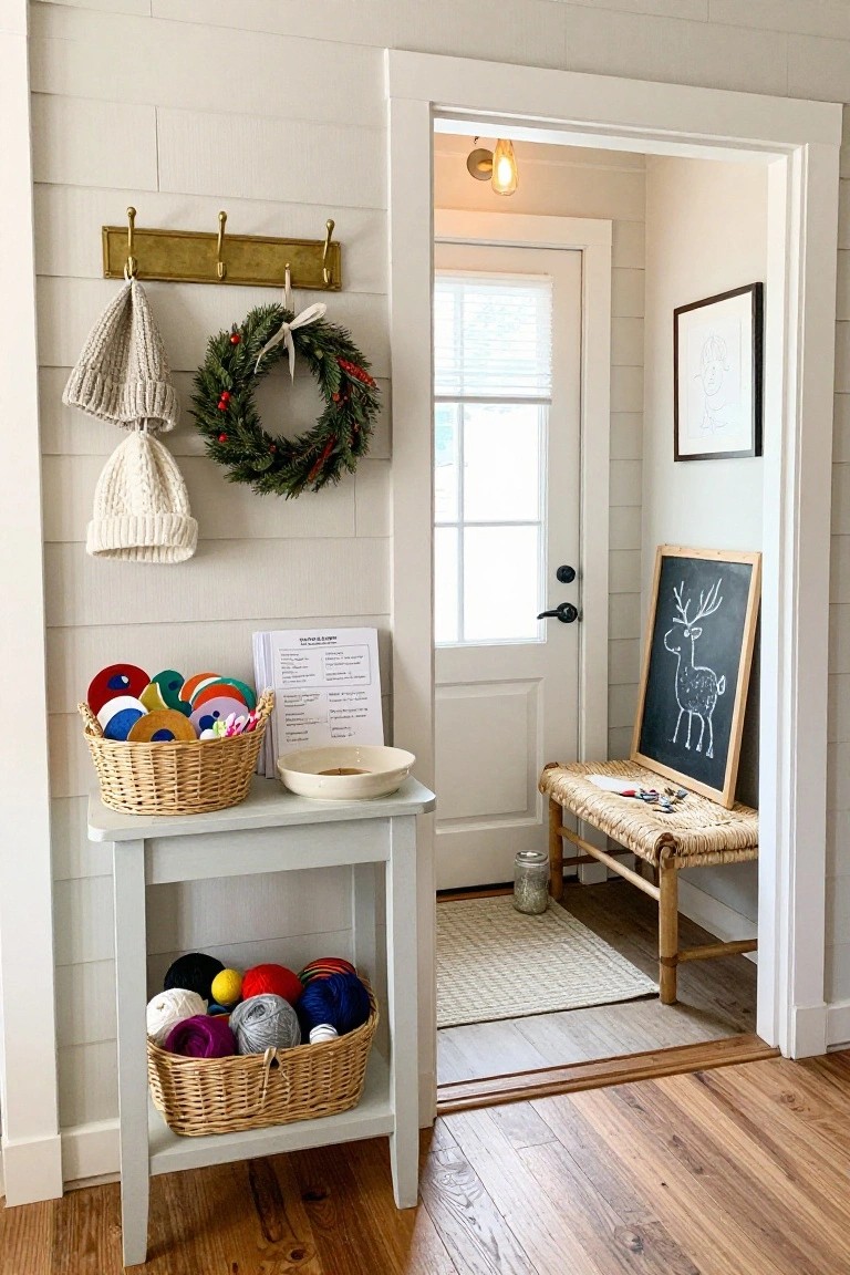 Cozy indoor entryway with shiplap walls, brass hooks holding a knit hat and holly wreath, small table holding baskets of colorful yarn and felt shapes plus a sign, chalkboard with chalk deer drawing, rattan bench, and open door to another room.