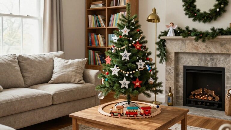 Living room corner with a lit Christmas tree decorated with colorful star-shaped felt, wood, and paper ornaments, flanked by two beige upholstered armchairs, a wooden coffee table holding toy trains, bookshelves, and a fireplace.