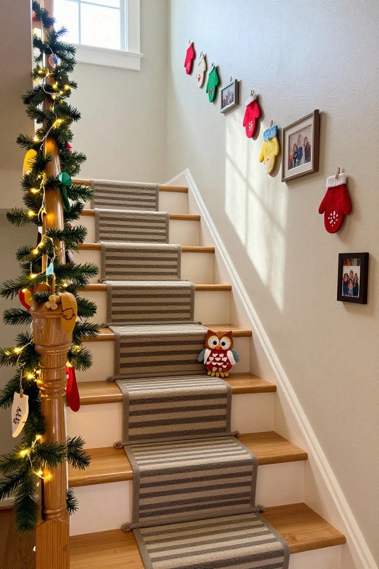 Indoor staircase with Christmas garland wrapped around the wooden banister and newel post, colorful felt mittens and stockings strung along the beige wall with small framed family photos clipped inside some, a plush owl toy on a step, and striped carpet runner on the stairs.