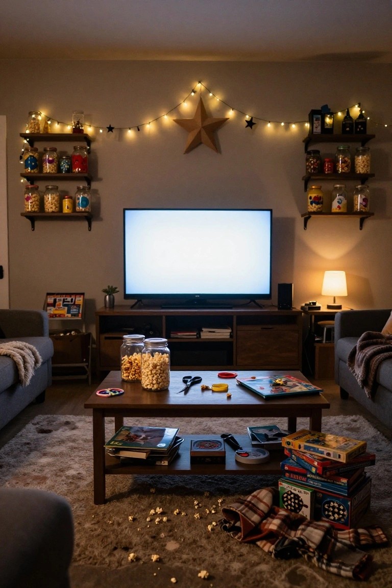 Cozy living room with gray couches, wooden coffee table stacked with colorful board games and books, jars of popcorn, string lights and shelves with jars along the walls, blank TV mounted above a media console, and scattered popcorn kernels on the rug.