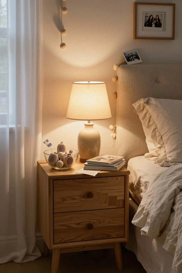 Cozy bedside scene with a lamp, wooden nightstand, books, and decorative bowls.