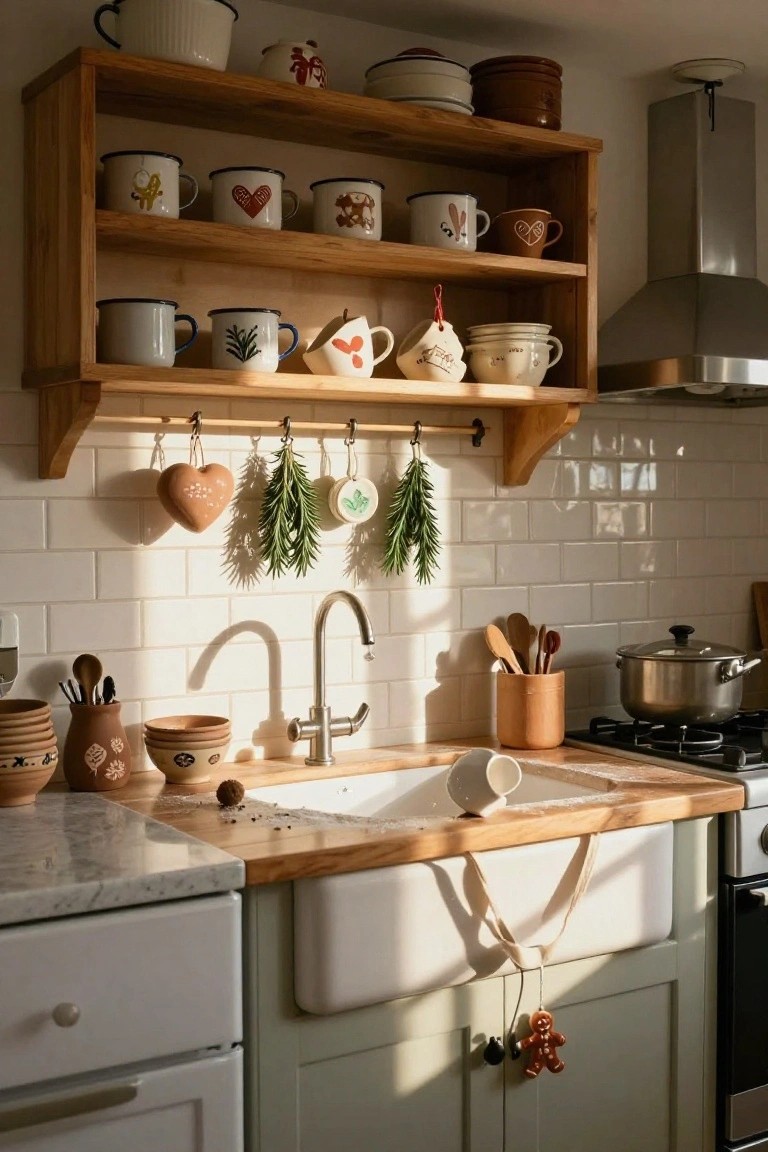Wooden open shelves in a kitchen display assorted patterned mugs and pottery above a white farmhouse sink, with hanging heart and gingerbread Christmas ornaments, dried herbs, and utensils nearby.