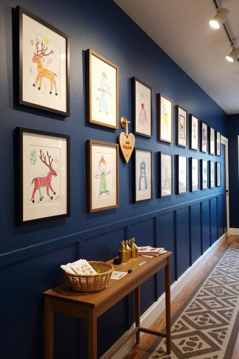 Navy blue paneled hallway wall with multiple black and wood frames holding children's crayon drawings of reindeer, figures, and animals, next to a wooden console table with a woven basket, gold bottles, brochures, and pencils.