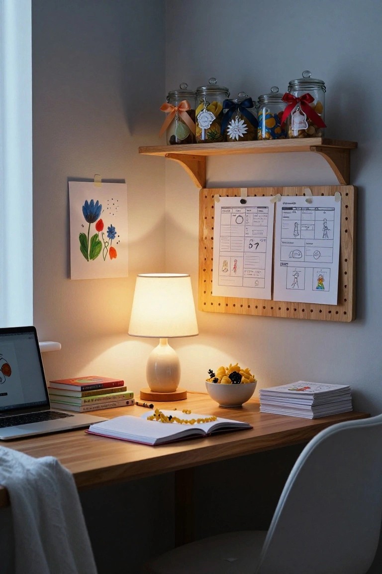 Corner indoor workspace featuring a wooden desk with laptop, open notebook, books, white lamp, bowl of sunflowers, stacks of papers, and an open wooden shelf above holding glass jars with ribbons and colorful contents, plus a corkboard with drawings.