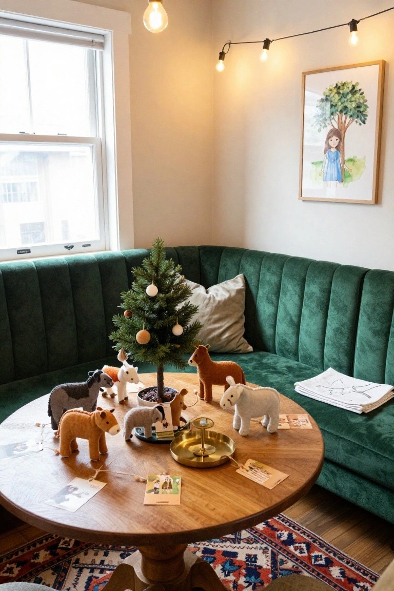 Cozy indoor corner with green velvet L-shaped sofa, small artificial Christmas tree on wooden round table surrounded by felt toy animals including sheep, llamas, and donkeys, string lights overhead, and holiday cards on the table.