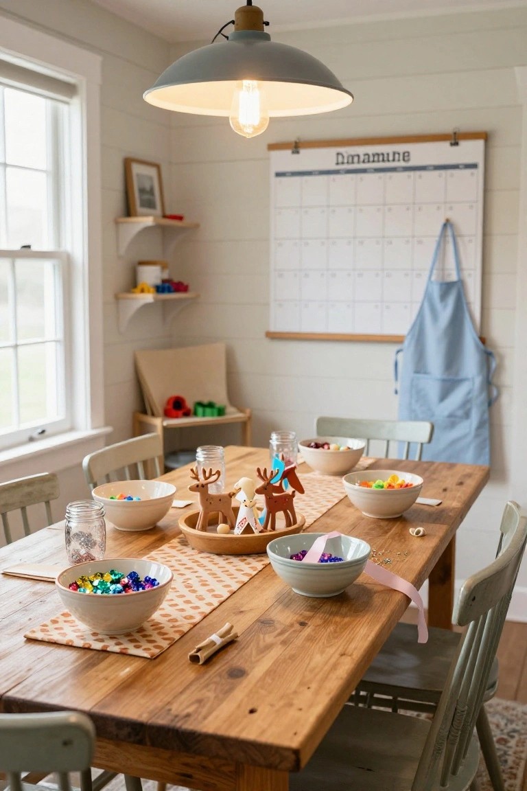 Wooden dining table in a light shiplap kitchen set up for crafting with bowls of multicolored beads, wooden reindeer bases, mason jars, ribbons, and child-sized chairs around it.
