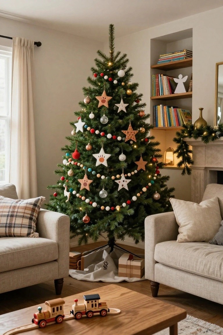 Living room corner with a lit Christmas tree decorated with colorful star-shaped felt, wood, and paper ornaments, flanked by two beige upholstered armchairs, a wooden coffee table holding toy trains, bookshelves, and a fireplace.