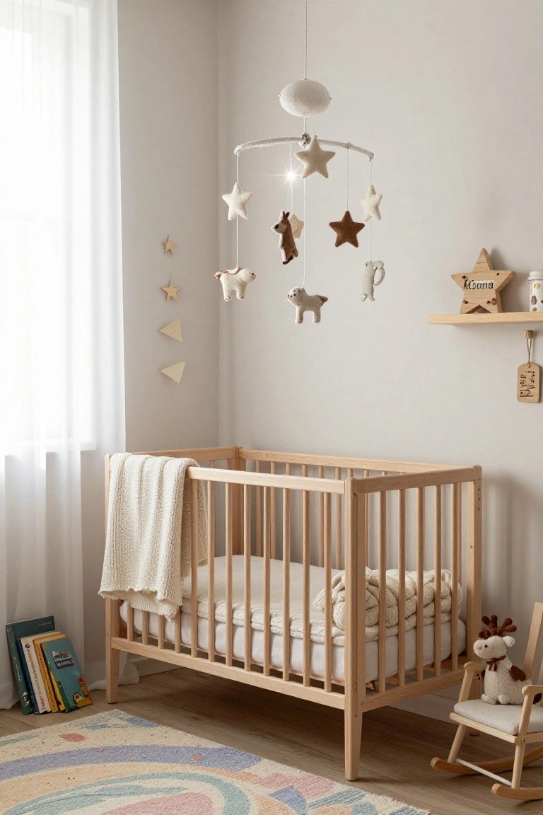 Cozy beige nursery room with wooden crib draped in white blankets, overhead mobile of felt stars and animals, wooden rocking chair holding stuffed reindeer toy, stack of children's books, and colorful rug on hardwood floor.
