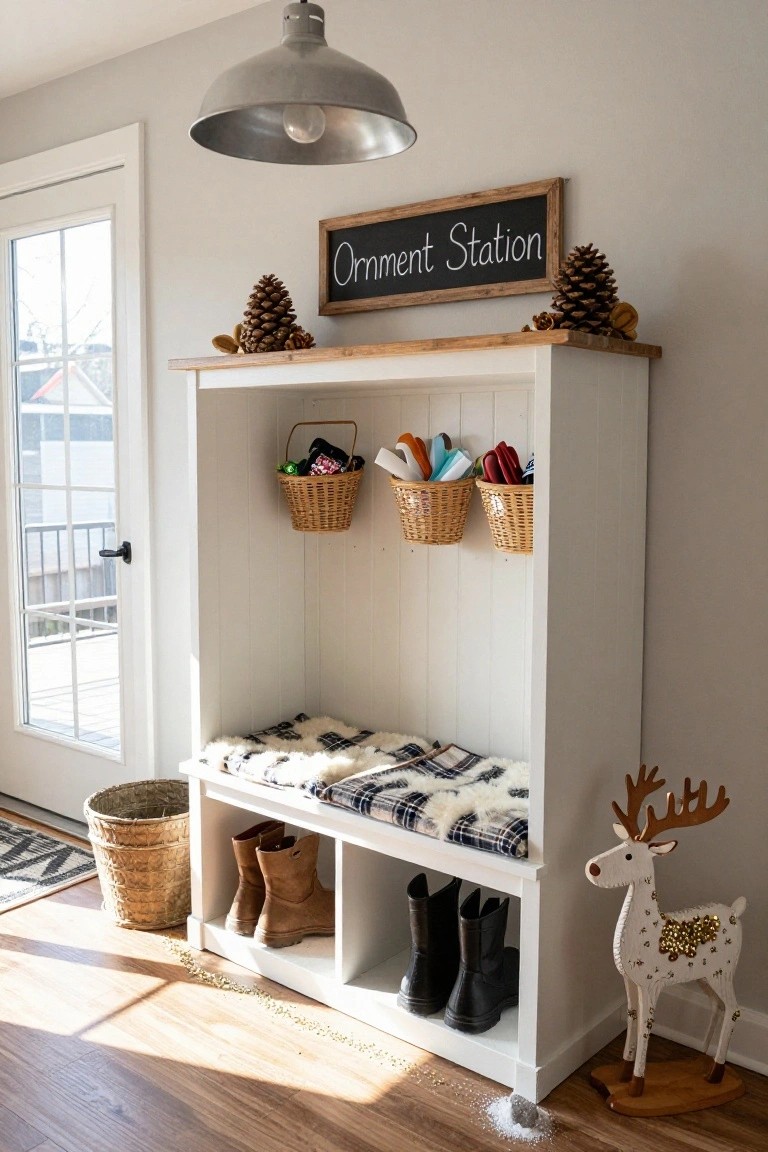 White wooden entryway bench unit with cushioned plaid seat, hanging wicker baskets filled with Christmas ornaments, boots stored in lower cubbies, and decorative elements like pinecones, a sign reading "Ornament Station," and a glittery reindeer statue.