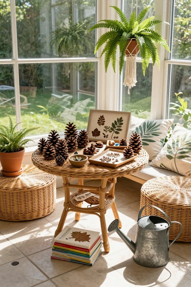 A low rattan table in a sunlit sunroom displays pinecones, wooden trays with leaf shapes, fern plants, a framed leaf print, cushions on a bench, stools, books, and a watering can near large windows overlooking a garden.