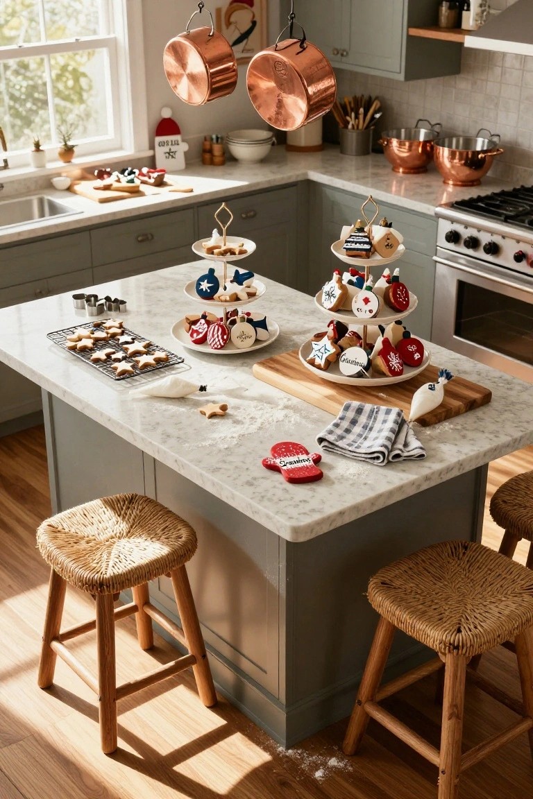 Kitchen island in a green cabinet kitchen holding a three-tiered stand with iced gingerbread cookies shaped like Christmas ornaments, plus baking racks with star cookies, cookie cutters, piping bag, and wooden cutting boards.