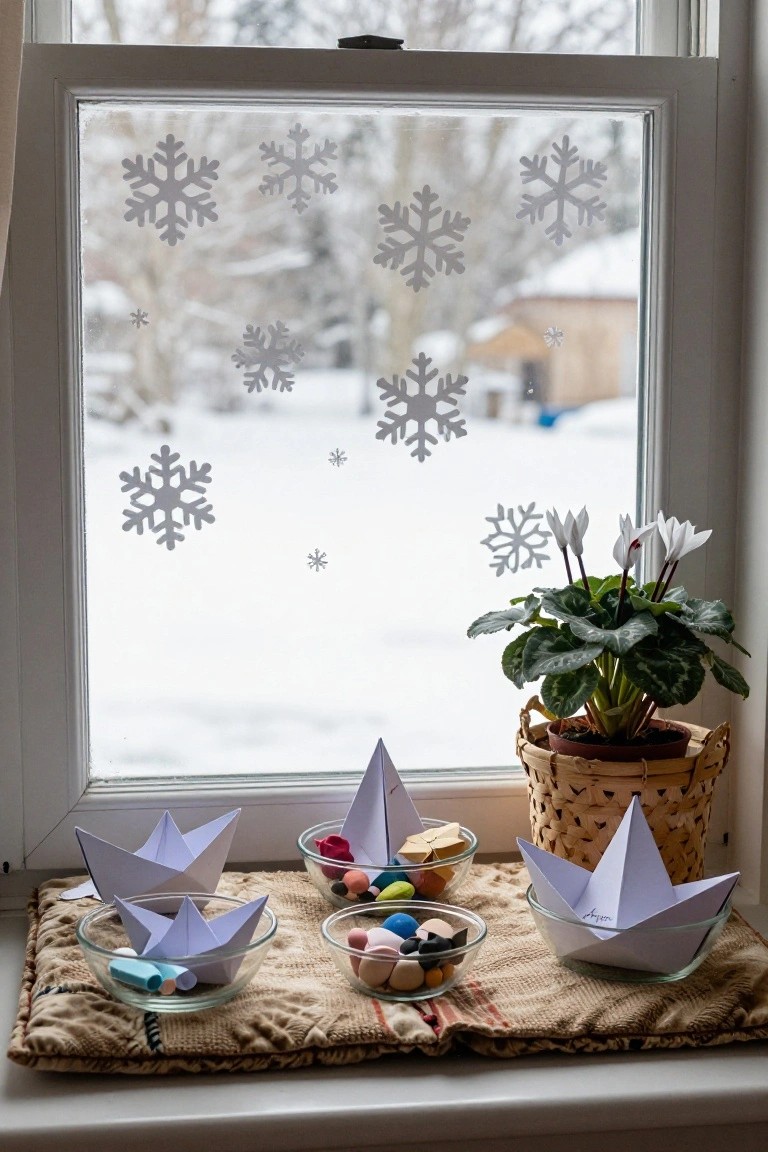 Frosted indoor window with white paper snowflake stickers, snowy outdoor view, windowsill holding bowls with white origami paper boats, colored beads, crayons, and a potted plant with white flowers in a basket.