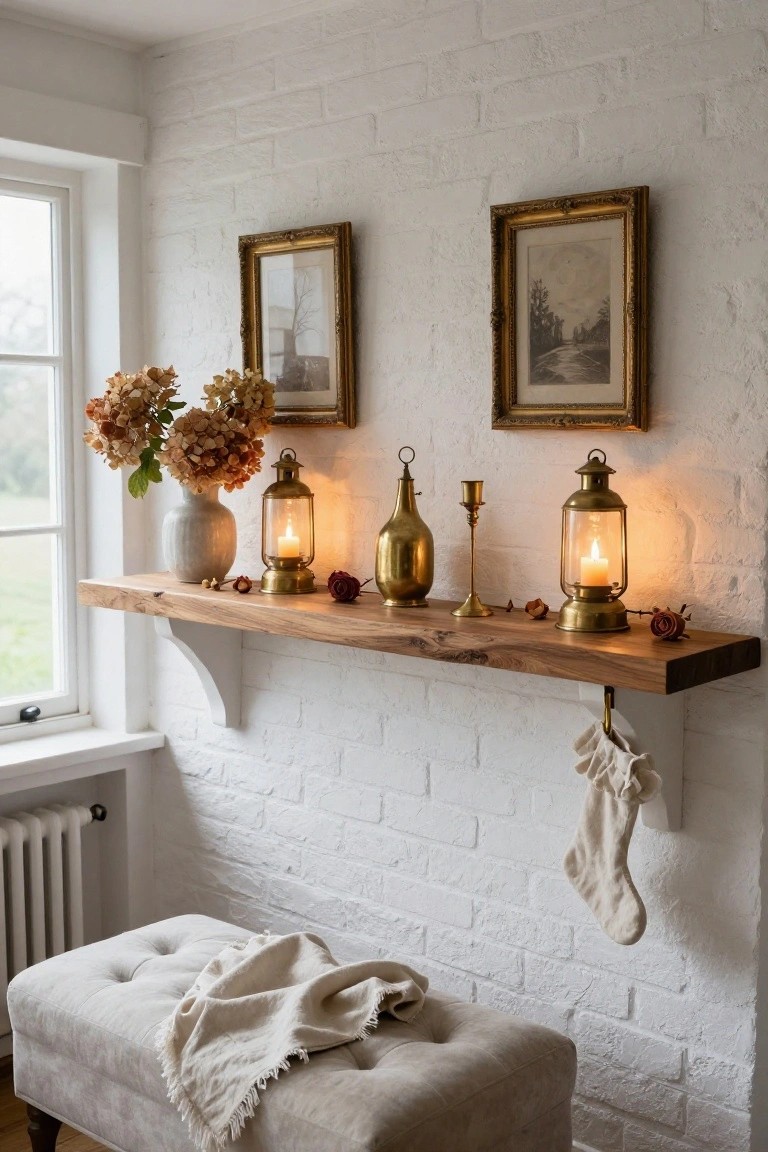 White brick interior wall with floating wooden shelf displaying brass lanterns with candles, brass jug, candlestick, dried hydrangeas in vase, chestnuts, and rose hips; flanked by gold-framed paintings, white stocking hanging from bracket, and tufted stool with throw below.