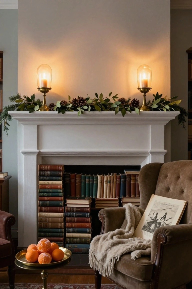 White fireplace mantel decorated with two brass lanterns holding lit candles, evergreen garland with pinecones and eucalyptus draped across the top, flanked by tall stacks of colorful bookshelves and a brown velvet armchair with a wool throw, open book, and tray of oranges nearby.