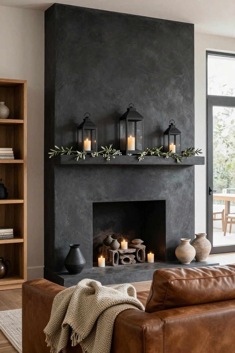 Black textured stone fireplace mantel topped with three black metal lanterns containing pillar candles, olive branch garland, and wood candle holders, flanked by black and terracotta vases, with a tan leather sofa and oak bookshelves nearby.