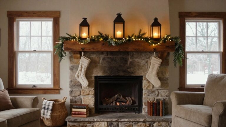 Rustic wood mantel over a stone fireplace with greenery garland, central evergreen wreath, two white knit stockings hanging, black metal lanterns with candles on each end, and a side chair with books and basket nearby.
