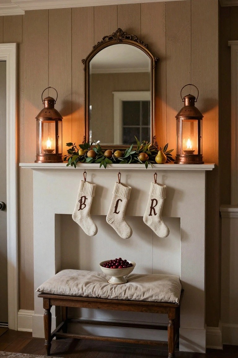 White fireplace mantel decorated for Christmas with garland, pears, and fruit draped across the top flanked by two lit copper lanterns, an ornate mirror centered above, three white monogrammed stockings hanging from the mantel, and a white bowl of red cranberries on a cushioned bench in front.