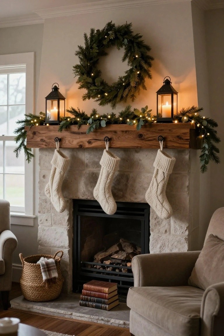 Rustic wood mantel over a stone fireplace with greenery garland, central evergreen wreath, two white knit stockings hanging, black metal lanterns with candles on each end, and a side chair with books and basket nearby.