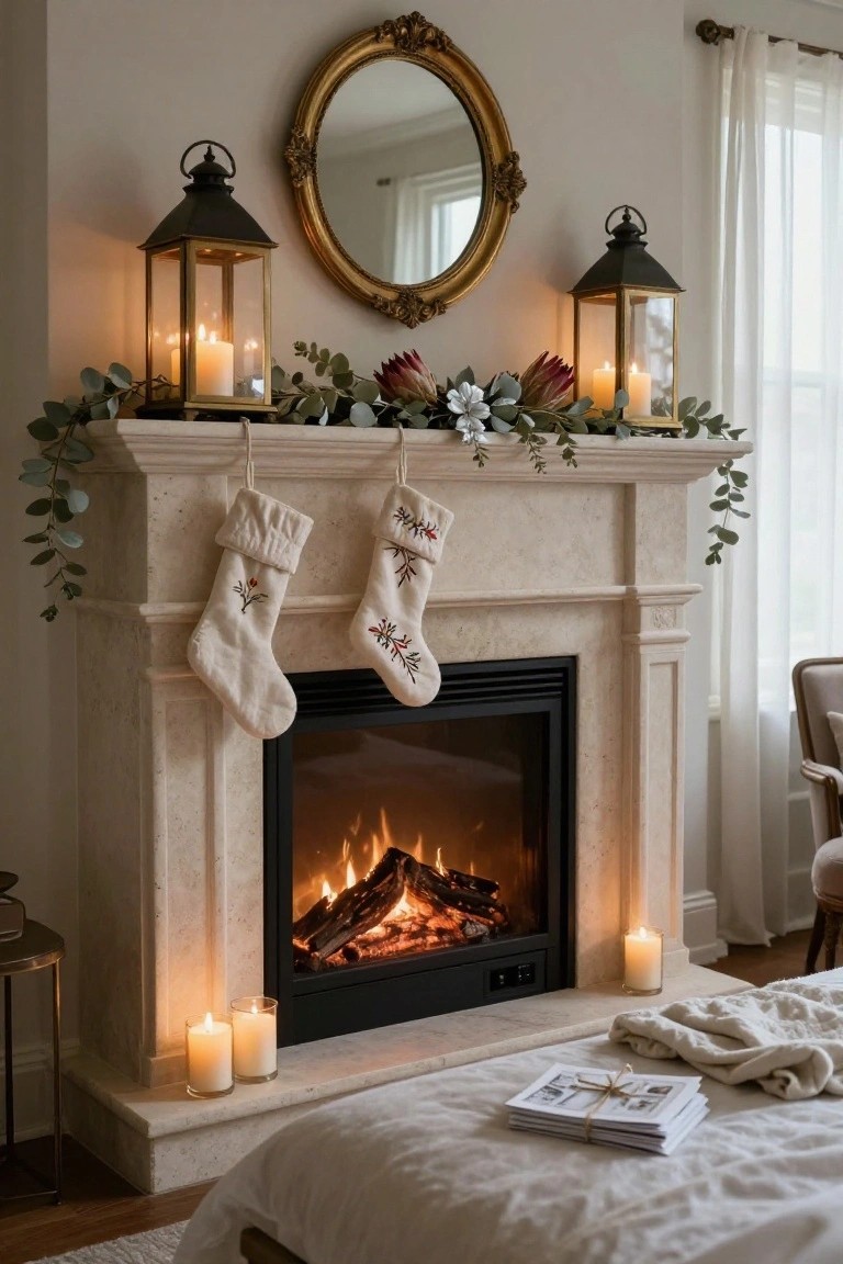 Beige stone fireplace mantel in a light living room decorated for Christmas with eucalyptus garland, protea flowers, two white embroidered stockings, black metal lanterns with pillar candles on each side, ornate gold mirror above, burning gas logs, and pillar candles on the hearth.