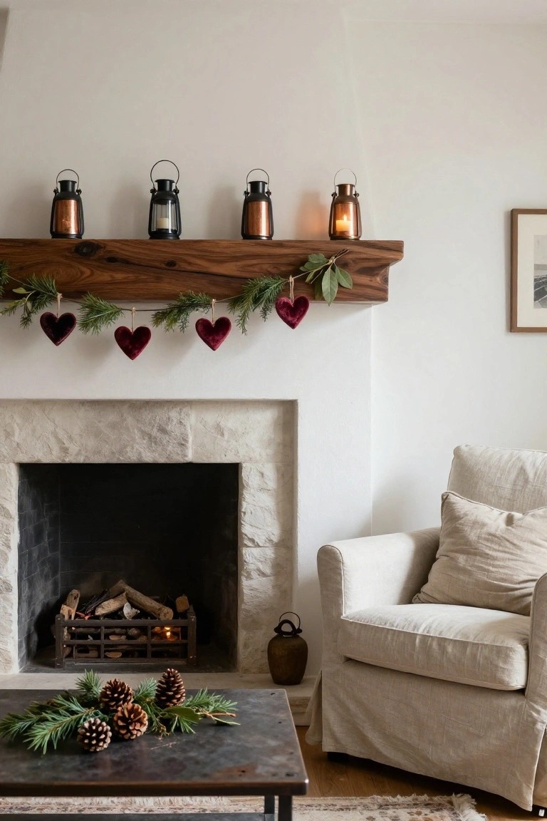 Rustic wooden mantel over a stone fireplace holding four lanterns and topped with evergreen garland strung with red felt heart ornaments, with a cream slipcovered armchair and pinecone arrangement on a metal coffee table nearby.