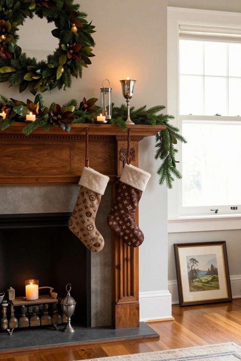 Rustic wooden fireplace mantel decorated for Christmas with pine and magnolia garland, two patterned knit stockings hanging from leather hooks, silver candelabra, glass lantern, pillar candles, and small lanterns on andirons inside the hearth.