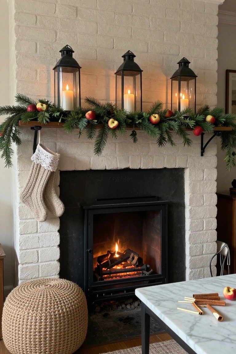White brick fireplace with black metal lanterns holding lit candles placed along a mantel garland of evergreen branches and red apples, a cream knit stocking hanging from a hook, fire burning inside the hearth, beige ottoman nearby, and marble table with cinnamon sticks and an apple.