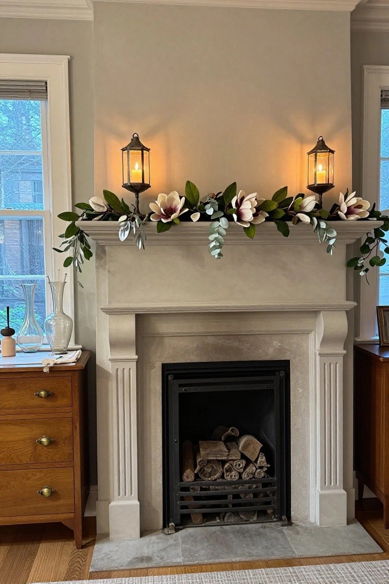 Beige stone fireplace mantel topped with garland of white magnolia flowers, green magnolia leaves, and silvery eucalyptus, flanked by two metal lanterns with lit candles inside, firewood stacked in the firebox, wooden dressers on sides, and windows with blinds in background.