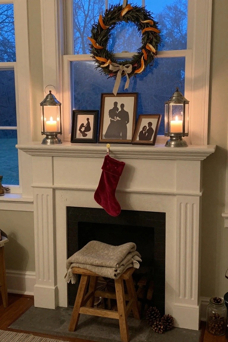 White fireplace mantel decorated with two brass lanterns holding lit candles on the ends, three black silhouette portrait frames in the center, a red velvet stocking hanging from a hook, stacked gray blankets on a wooden stool by the hearth, pinecones on the floor, and a window with an orange wreath behind.