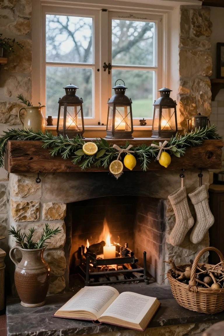 Stone fireplace with wooden mantel holding three lit metal lanterns, rosemary garland with dried lemon slices, hanging wool stockings, potted plants, and an open book on the hearth.