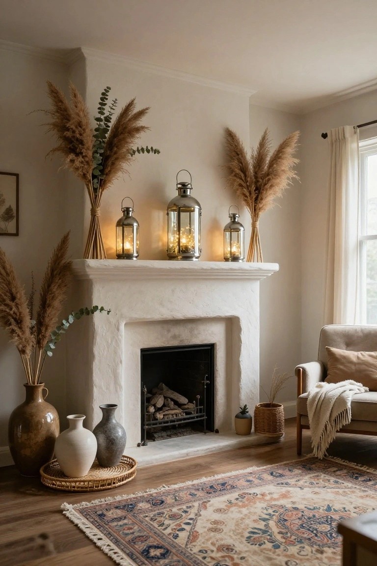 White plaster fireplace mantel with three metal lanterns lit by fairy lights centered on top, flanked by tall pampas grass and eucalyptus arrangements, pottery vases on the hearth below, a beige armchair with throw nearby, and a patterned rug on wood floors.