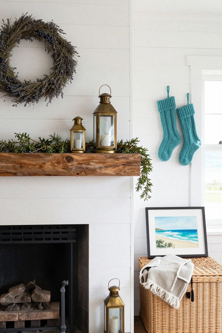 White shiplap wall with fireplace featuring a reclaimed wood mantel holding brass lanterns and candles, evergreen garland, lavender wreath above, teal knit stockings hanging nearby, and a wicker basket with throw on the floor.
